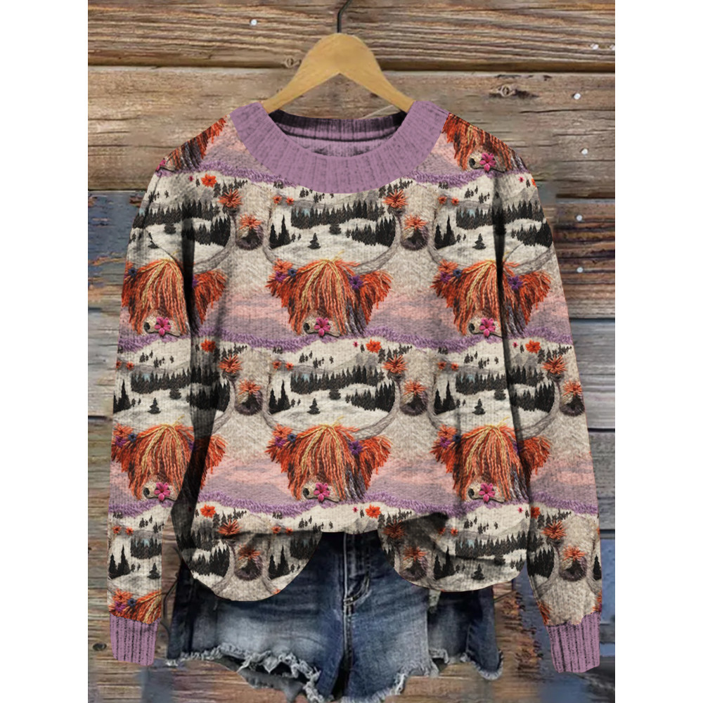 Embroidered Highland Cow Winter Scenery Comfy Knit Sweater
