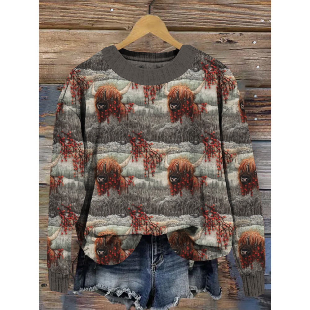 Embroidered Highland Cow Winter Scenery Cozy Knit Sweater