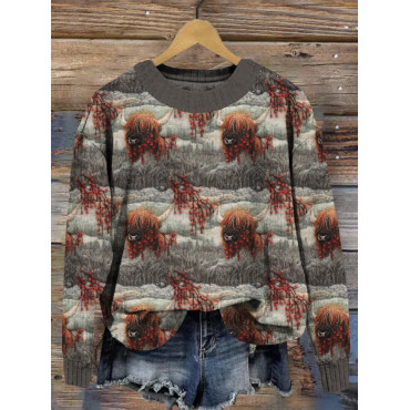 Embroidered Highland Cow Winter Scenery Cozy Knit Sweater