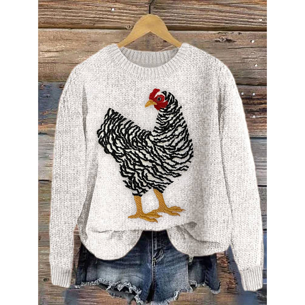 Embroidery Art Hen Casual Cozy Knit Sweater