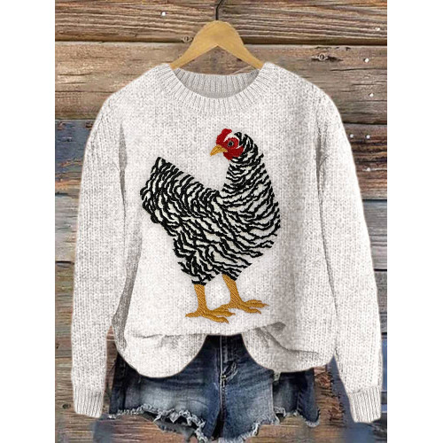 Embroidery Art Hen Casual Cozy Knit Sweater