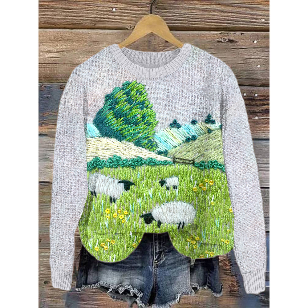 Embroidery Art Sheep Casual Cozy Knit Sweater