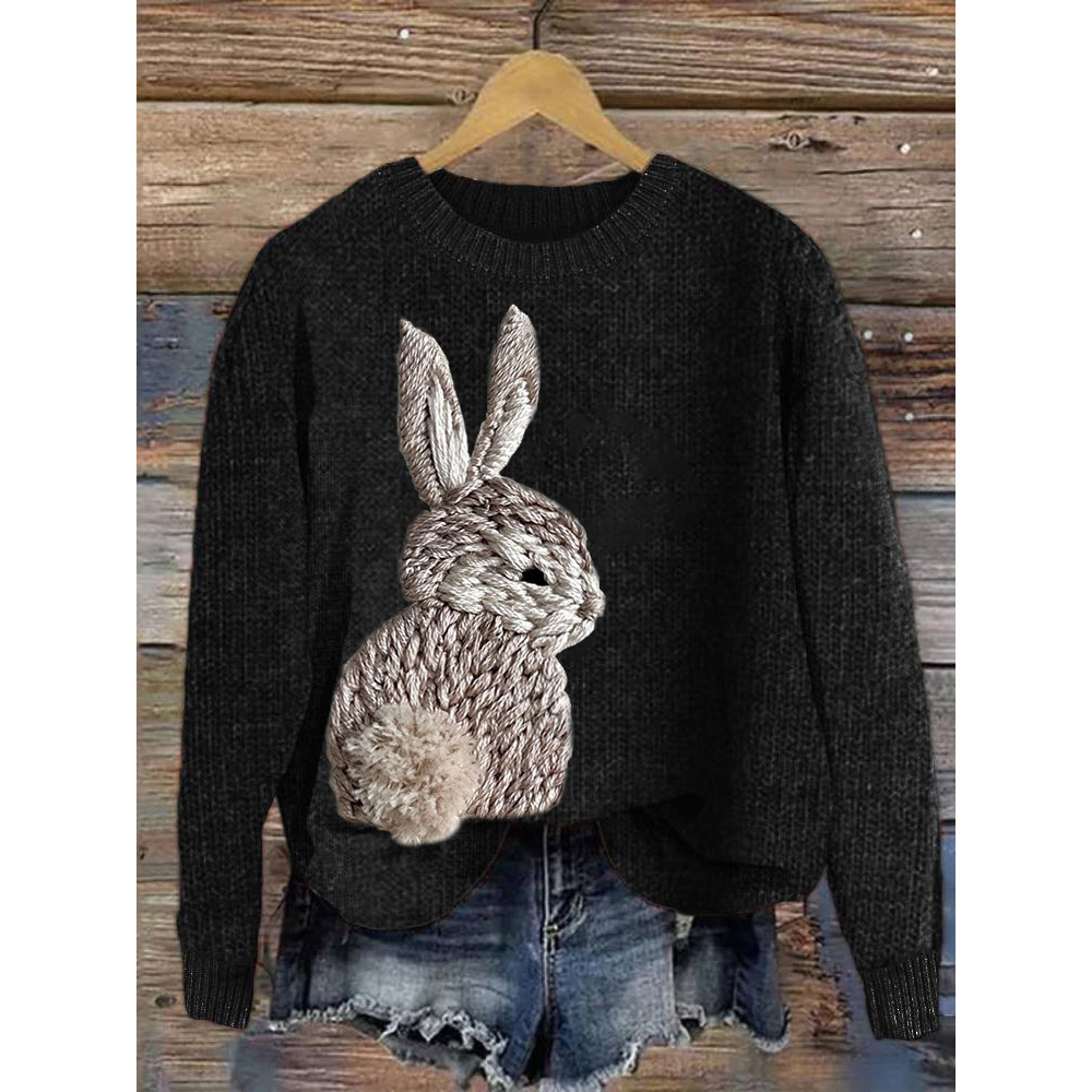 Embroidery Cute Rabbit Casual Cozy Knit Sweater