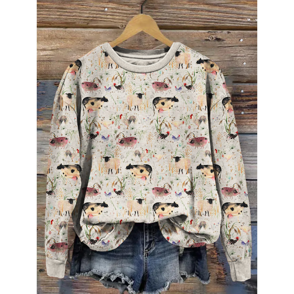Farm Animals Graphic Vintage Crew Neck Comfy Sweatshirt