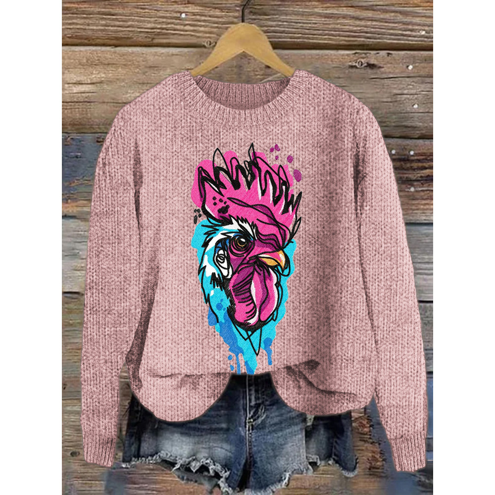 Farm Chicken Embroidered Pattern Crew Neck Sweater