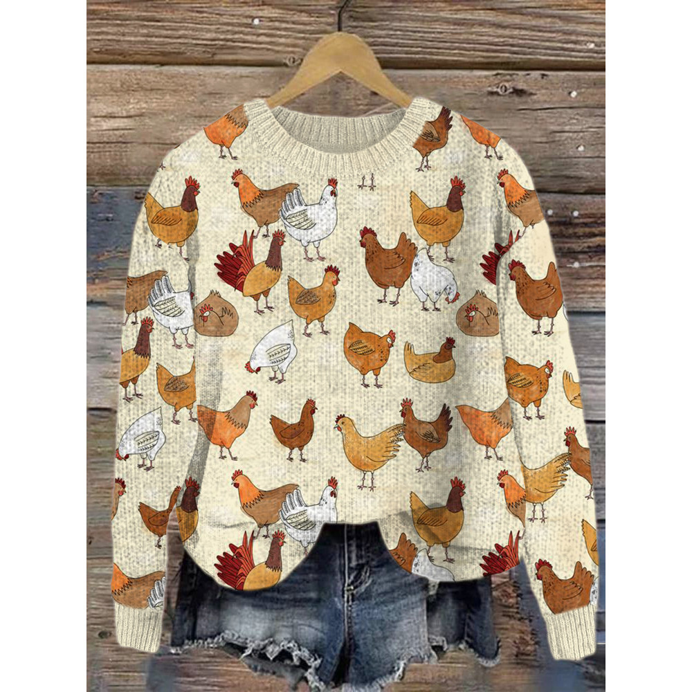 Farm Chicken Print Casual Cozy  Knit Sweater