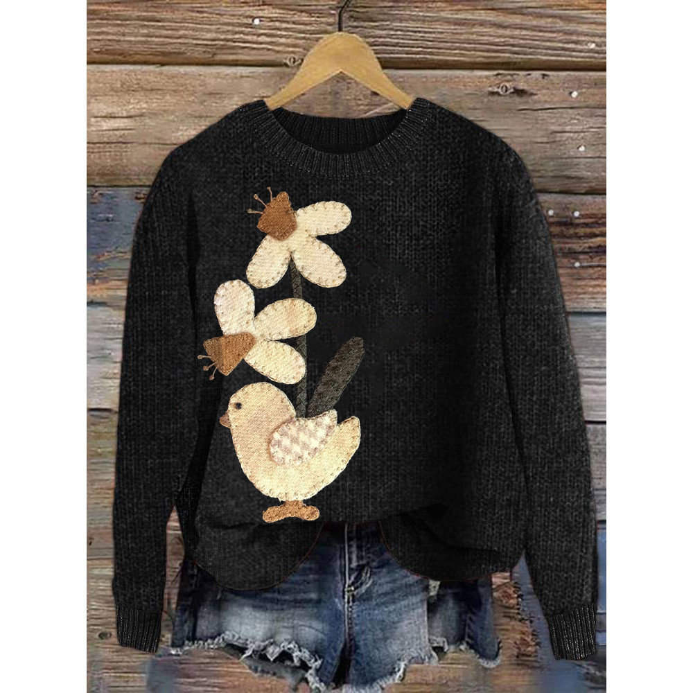 Farm Chicken Print Casual Cozy Knit Sweater