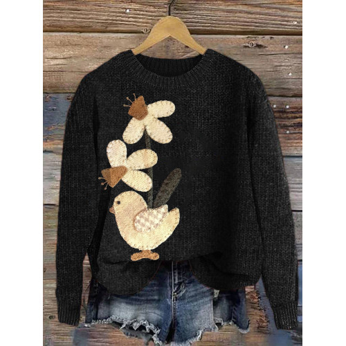 Farm Chicken Print Casual Cozy Knit Sweater