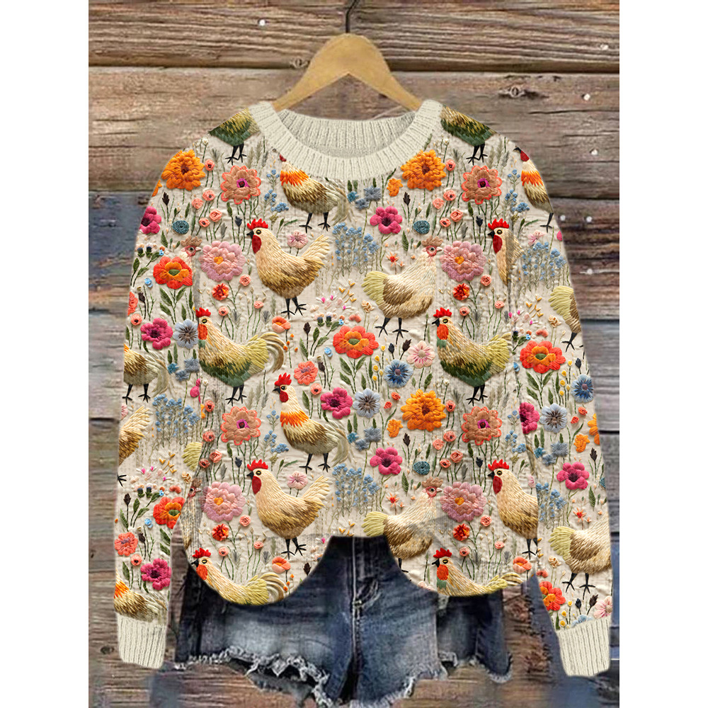 Farm Chicken & Floral Casual Cozy Knit Sweater
