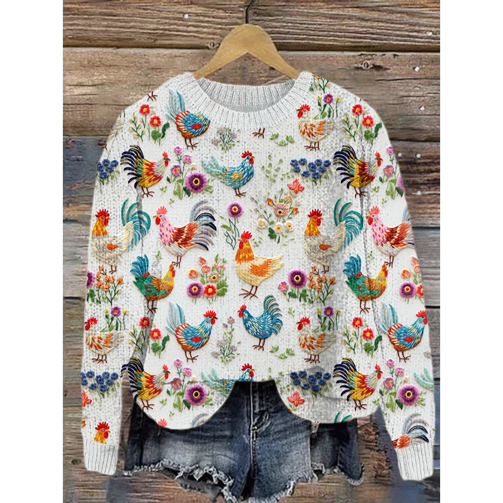 Farm Chicken & Floral Embroidery Art Cozy Knit Sweater