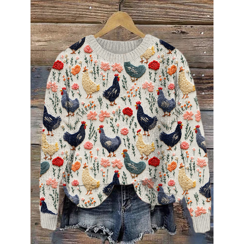 Farm Chicken & Floral Embroidery Art Cozy Knit Sweater