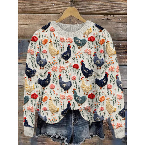 Farm Chicken & Floral Embroidery Art Cozy Knit Sweater