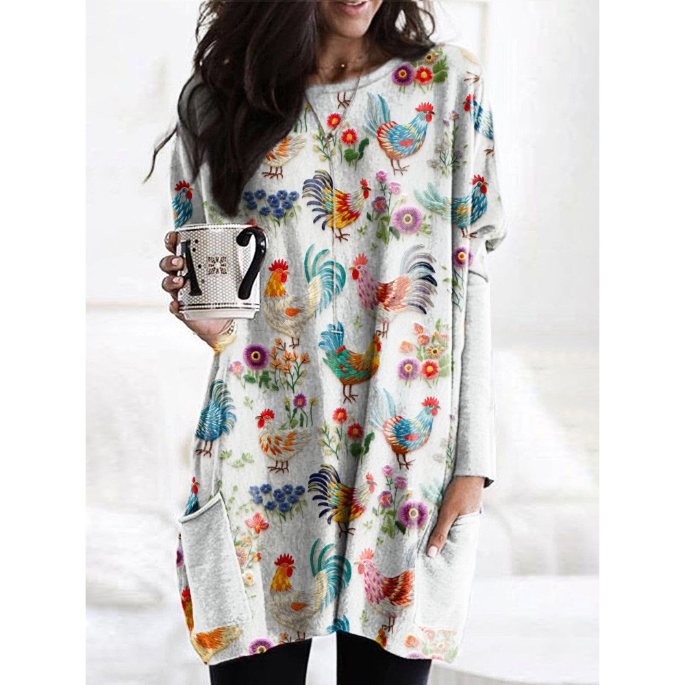 Farm Chicken & Floral Embroidery Art Cozy Long T-Shirt