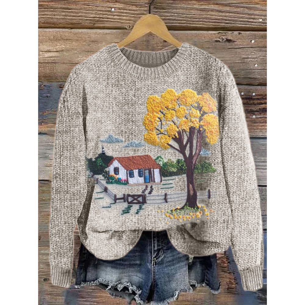 Farm Cottage Landscape Embroidery Art Cozy Knit Sweater