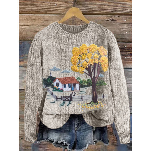 Farm Cottage Landscape Embroidery Art Cozy Knit Sweater