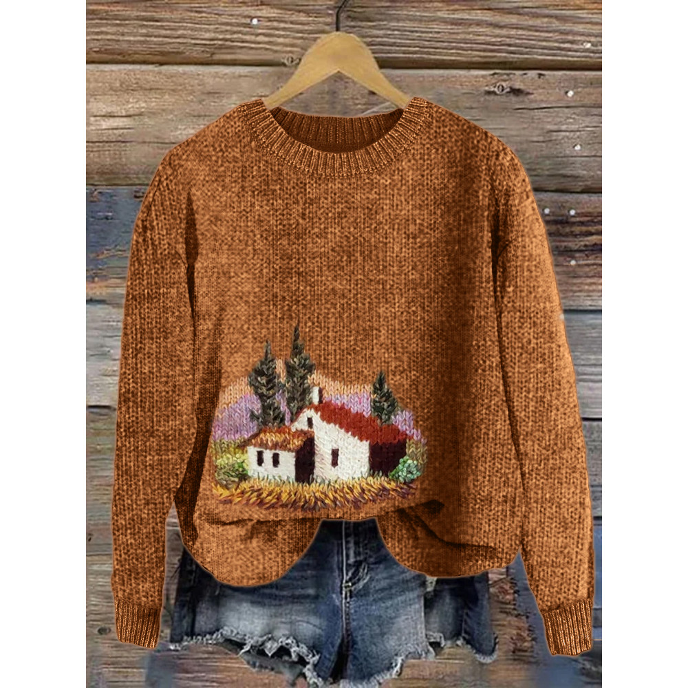 Farm Cottage Landscape Knit Art Cozy Sweater