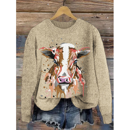 Farm Cow Embroidery Pattern Crew Neck Sweater