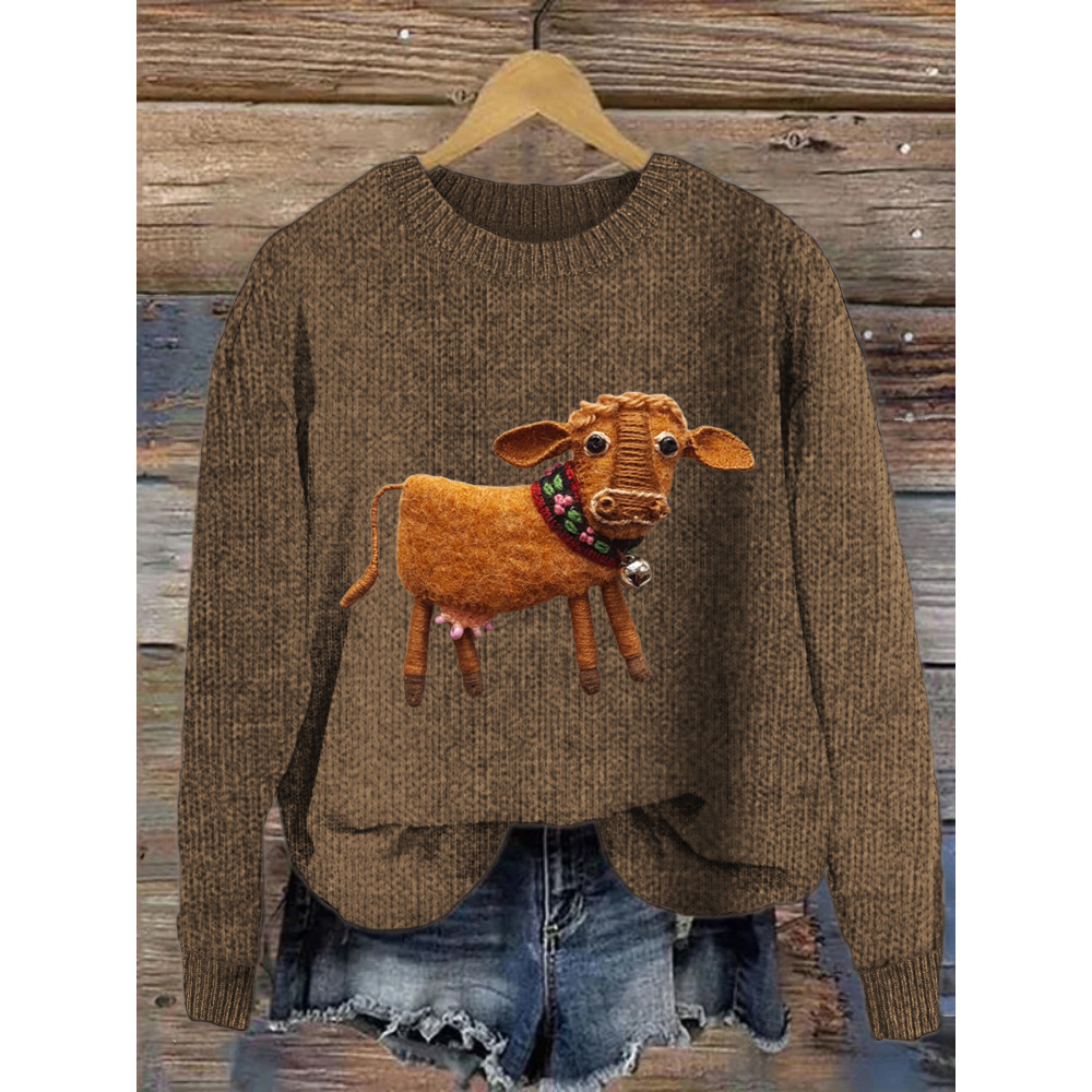 Farm Cow Felt Art Cozy Knit Sweater
