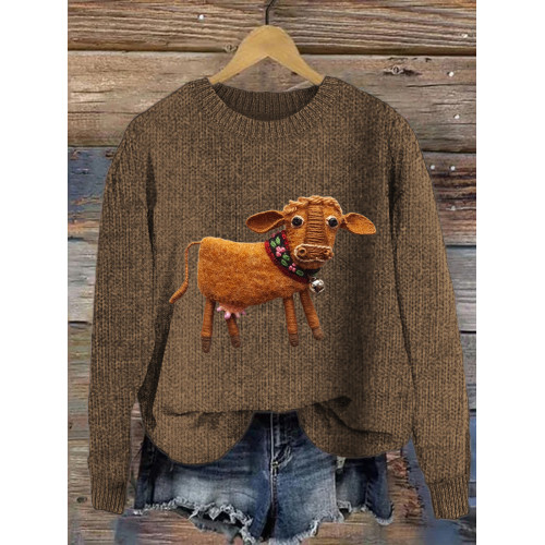 Farm Cow Felt Art Cozy Knit Sweater