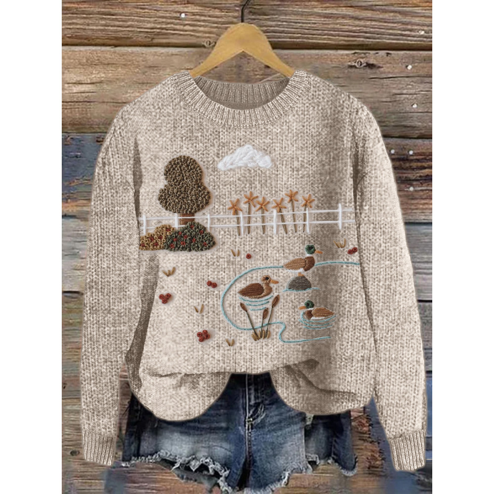 Farm Duck Pond Landscape Embroidery Cozy Knit Sweater
