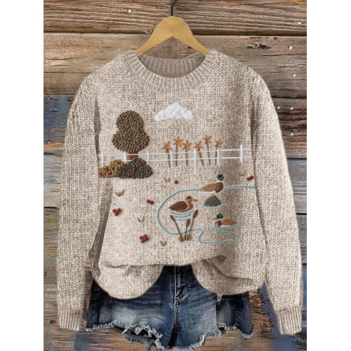 Farm Duck Pond Landscape Embroidery Cozy Knit Sweater