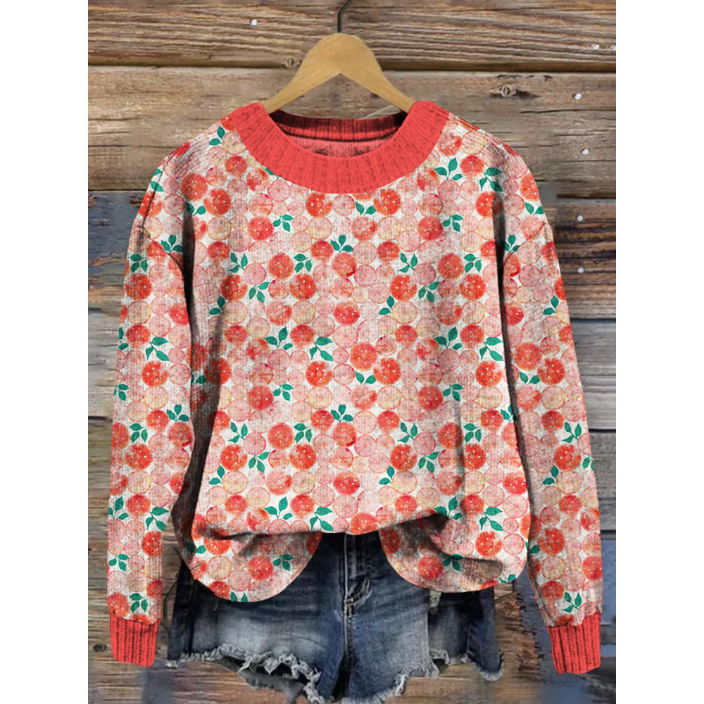 Farm Fruit Pattern Crew Neck Comfy Knit Sweater