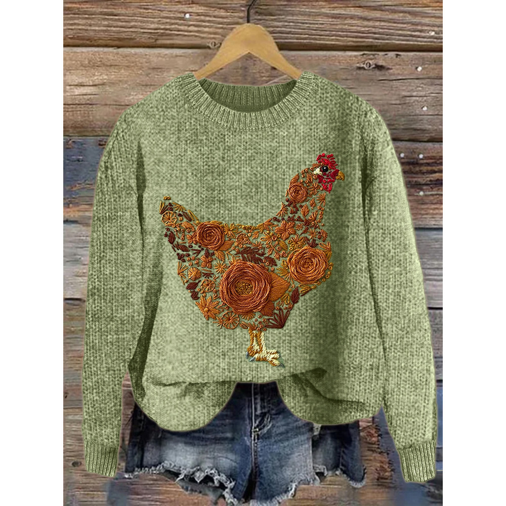 Farm Hen Floral Embroidery Art Cozy Knit Sweater