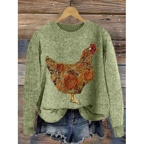 Farm Hen Floral Embroidery Art Cozy Knit Sweater