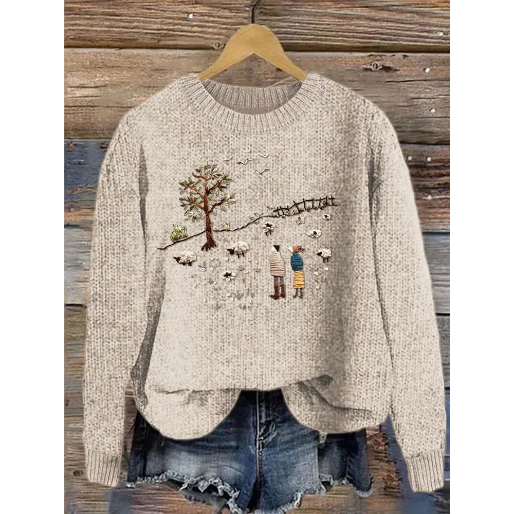 Farm Sheep Embroidery Art Casual Cozy Knitted Sweater