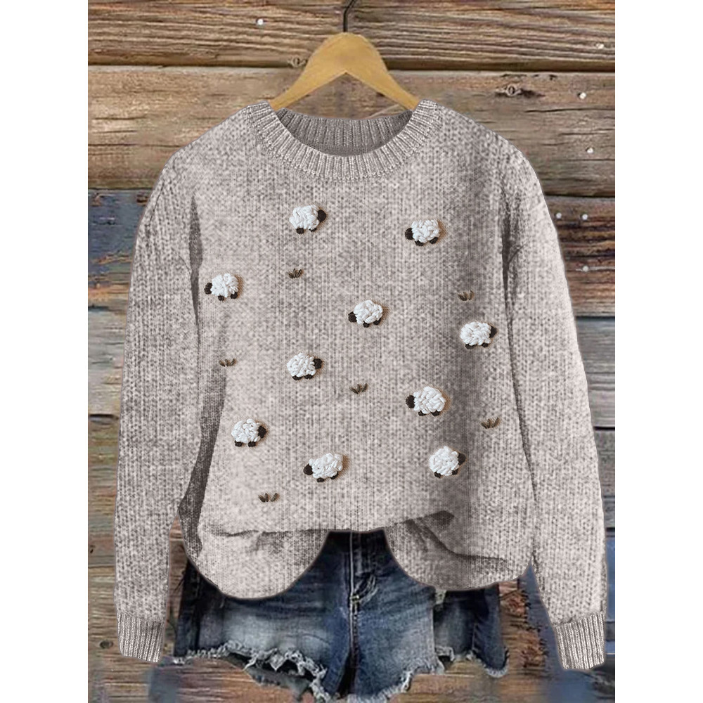 Farm Sheep Embroidery Art Cozy Knit Sweater