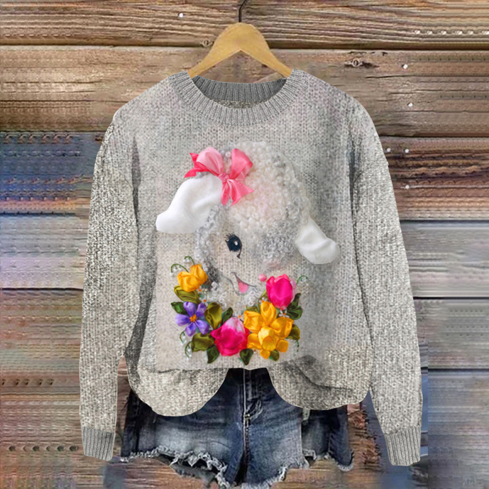 Farm Sheep Floral Print Casual Cozy Knit Sweater