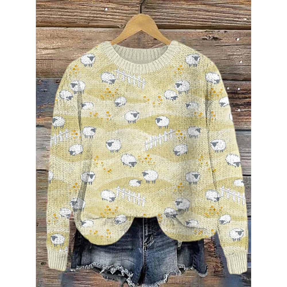 Farm Sheep Print Casual Cozy Knit Sweater