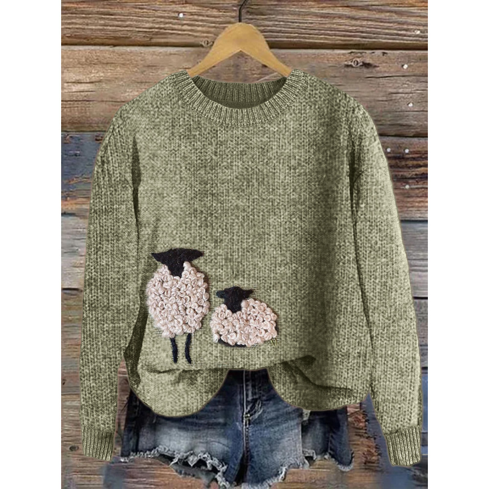 Farm Sheep Punch Needle Embroidery Cozy Knit Sweater