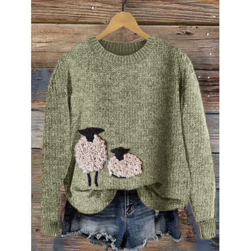 Farm Sheep Punch Needle Embroidery Cozy Knit Sweater