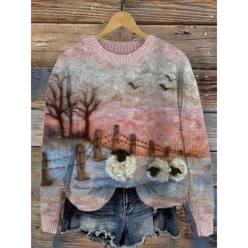 Farm Sheep Sunset Landscape Felt Art Cozy Sweater
