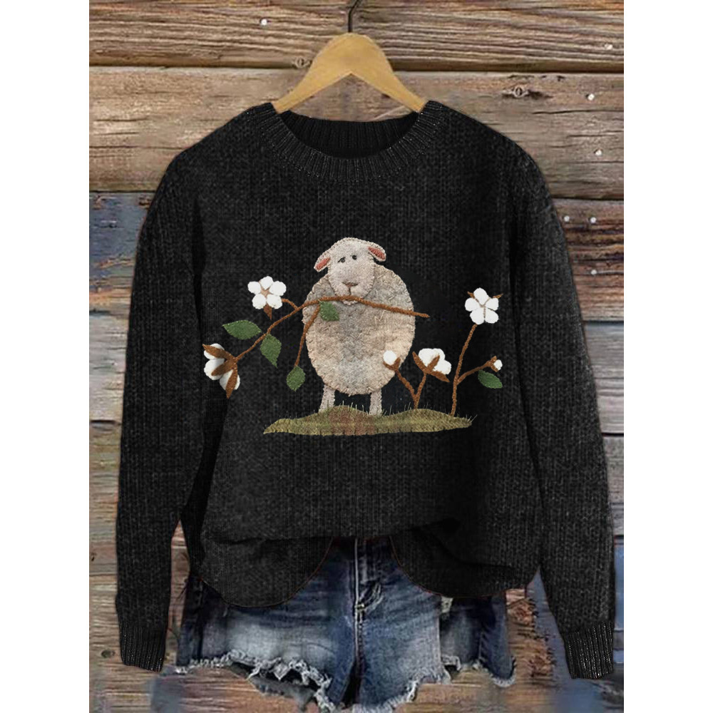 Farm Sheep & Floral Pattern Cozy Knit Sweater