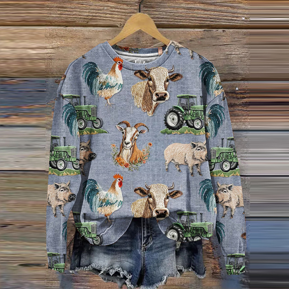 Faux Embroidered Country Turkey And Cow Art Design Printed Casual Sweatshirt