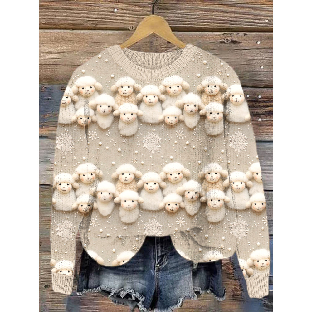 Felt Art Cute Sheep Casual Cozy Knit Sweater