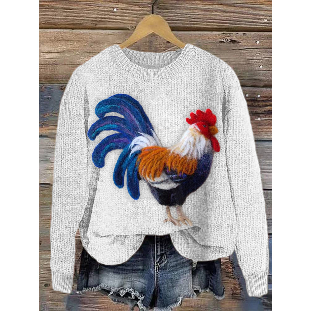 Felt Art Rooster Casual Cozy Soft Knit Sweater