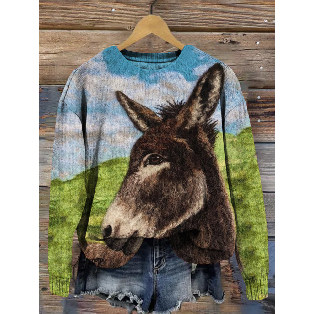 Felted Donkey Art Crew Neck Cozy Knit Sweater