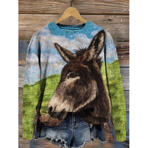 Felted Donkey Art Crew Neck Cozy Knit Sweater