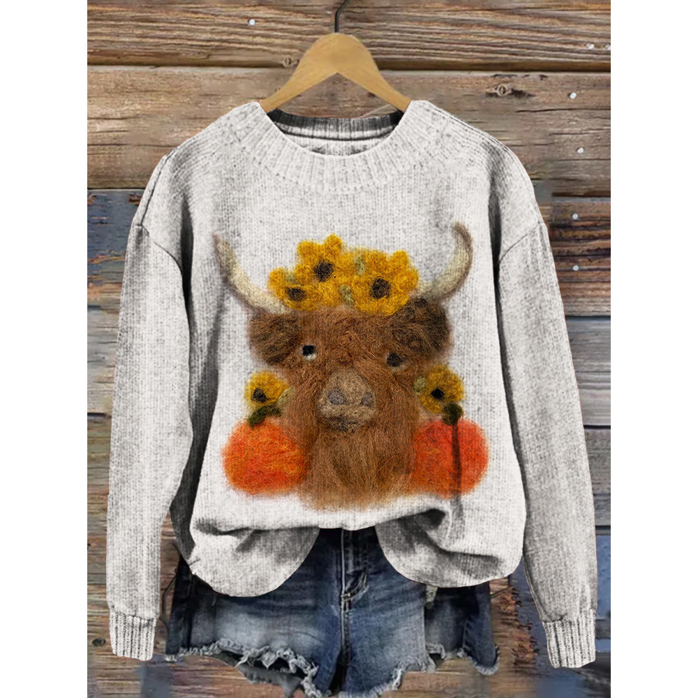 Felted Highland Cow Pattern Crew Neck Comfy Sweater
