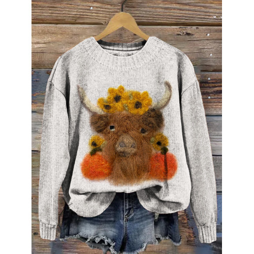 Felted Highland Cow Pattern Crew Neck Comfy Sweater