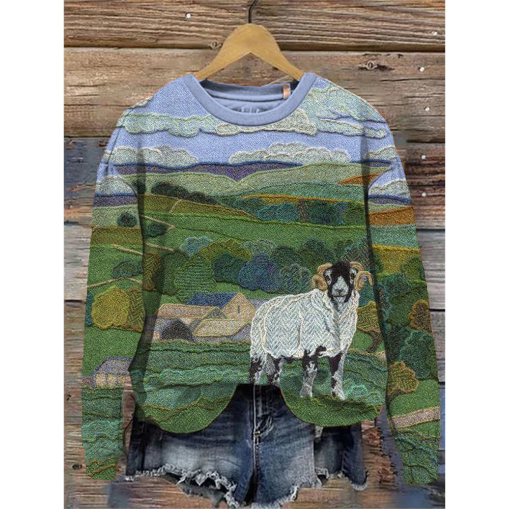 Field & Goat Pattern Crew Neck Sweatshirt