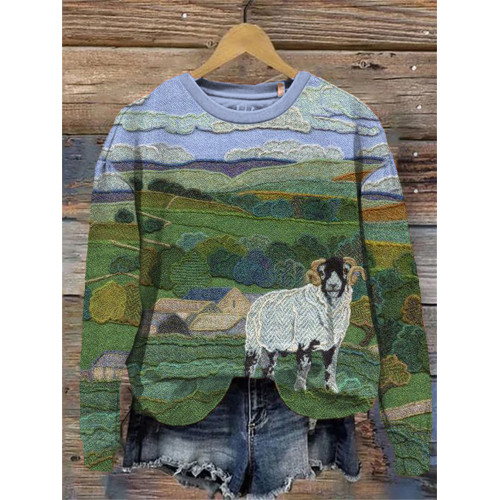 Field & Goat Pattern Crew Neck Sweatshirt