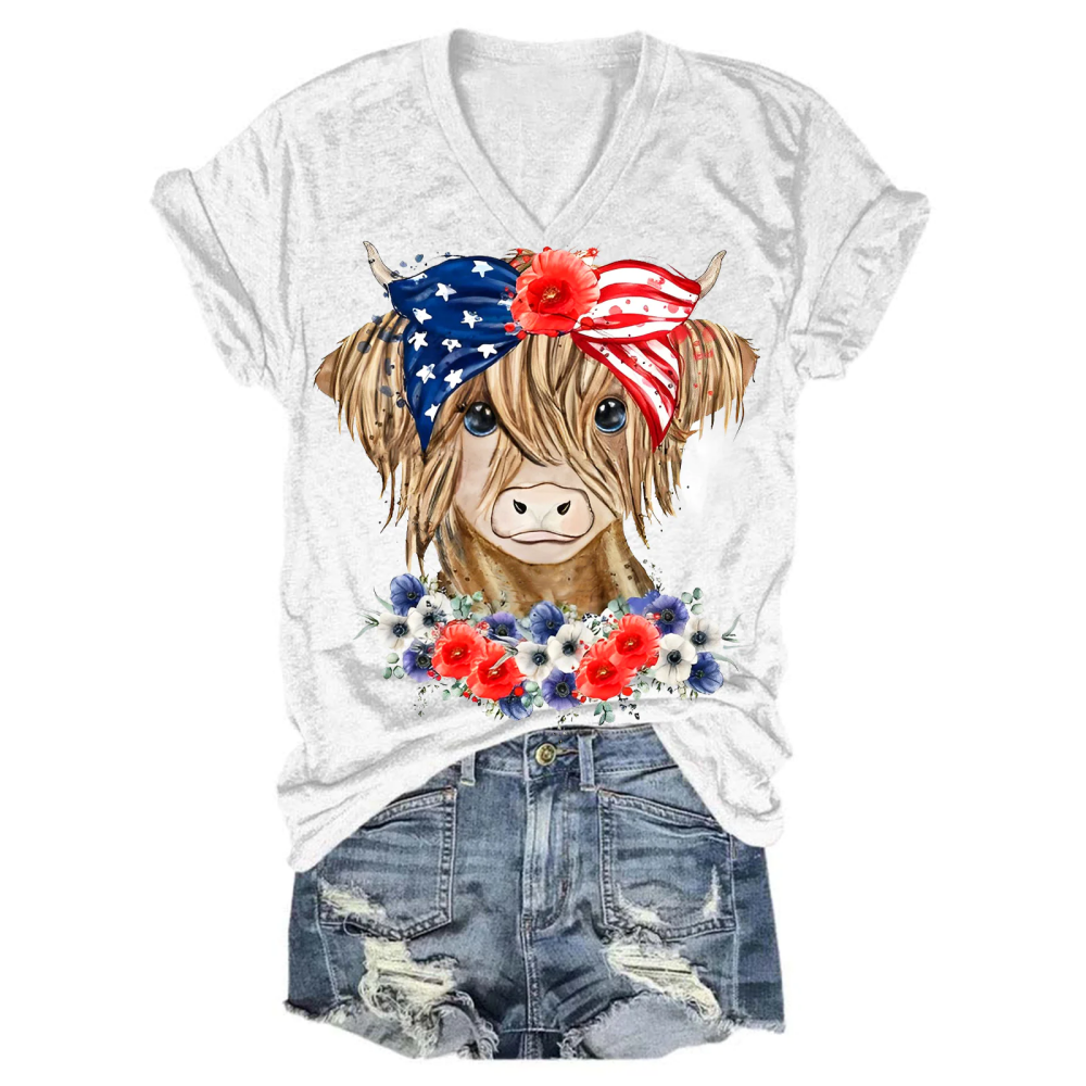 Flag American Cow Print V-Neck T-Shirt