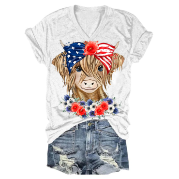 Flag American Cow Print V-Neck T-Shirt