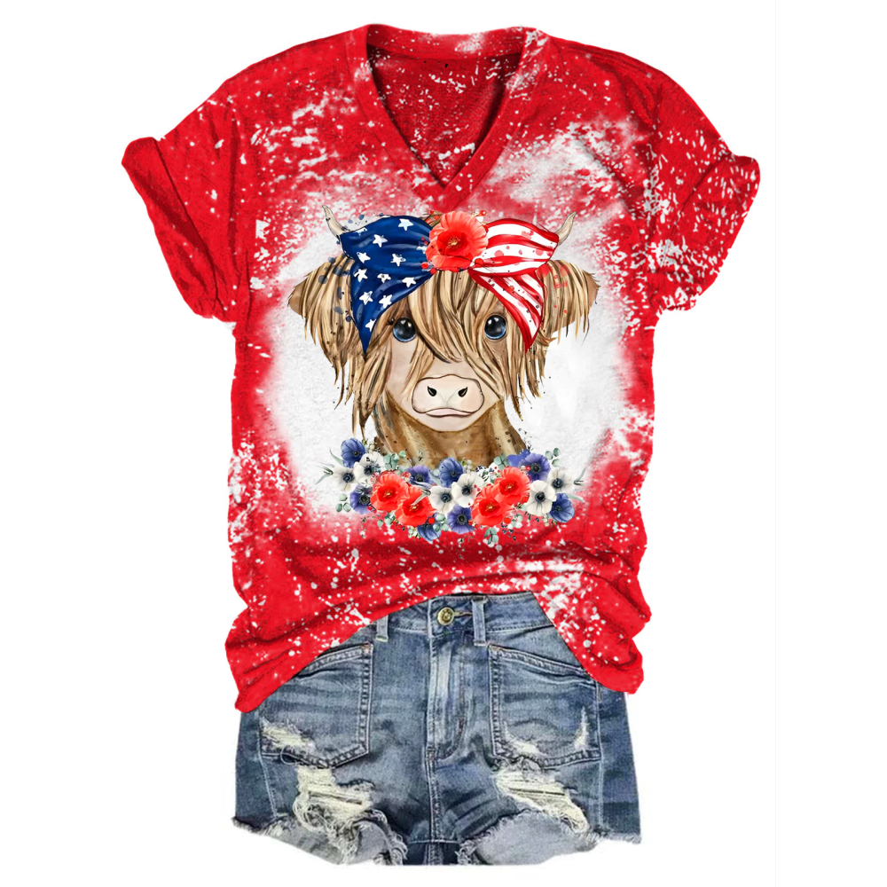 Flag American Cow Print V-Neck T-Shirt