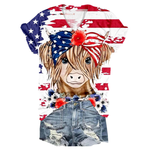 Flag American Cow Print V-Neck T-Shirt