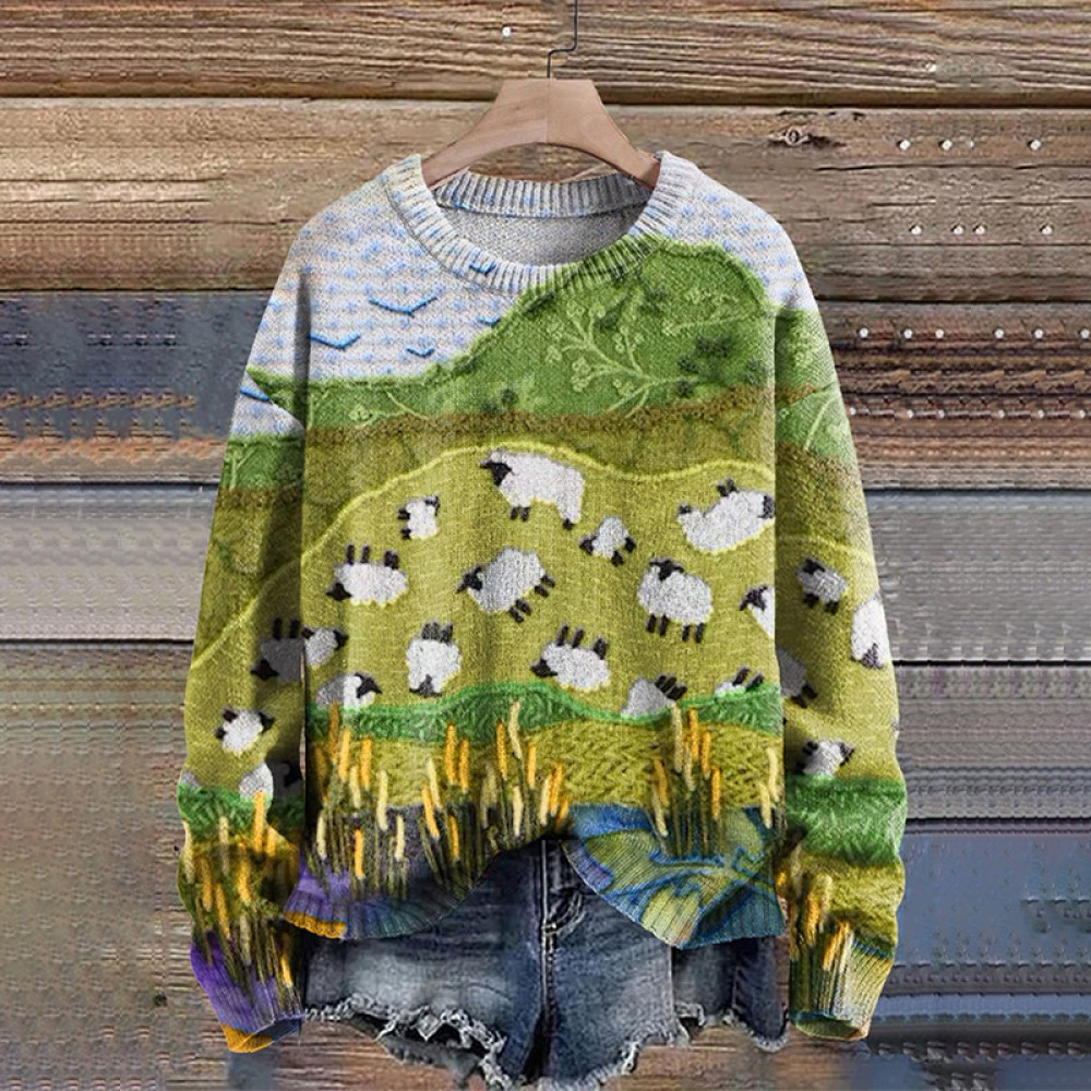 Flock Sheep Print Knit Pullover Sweater